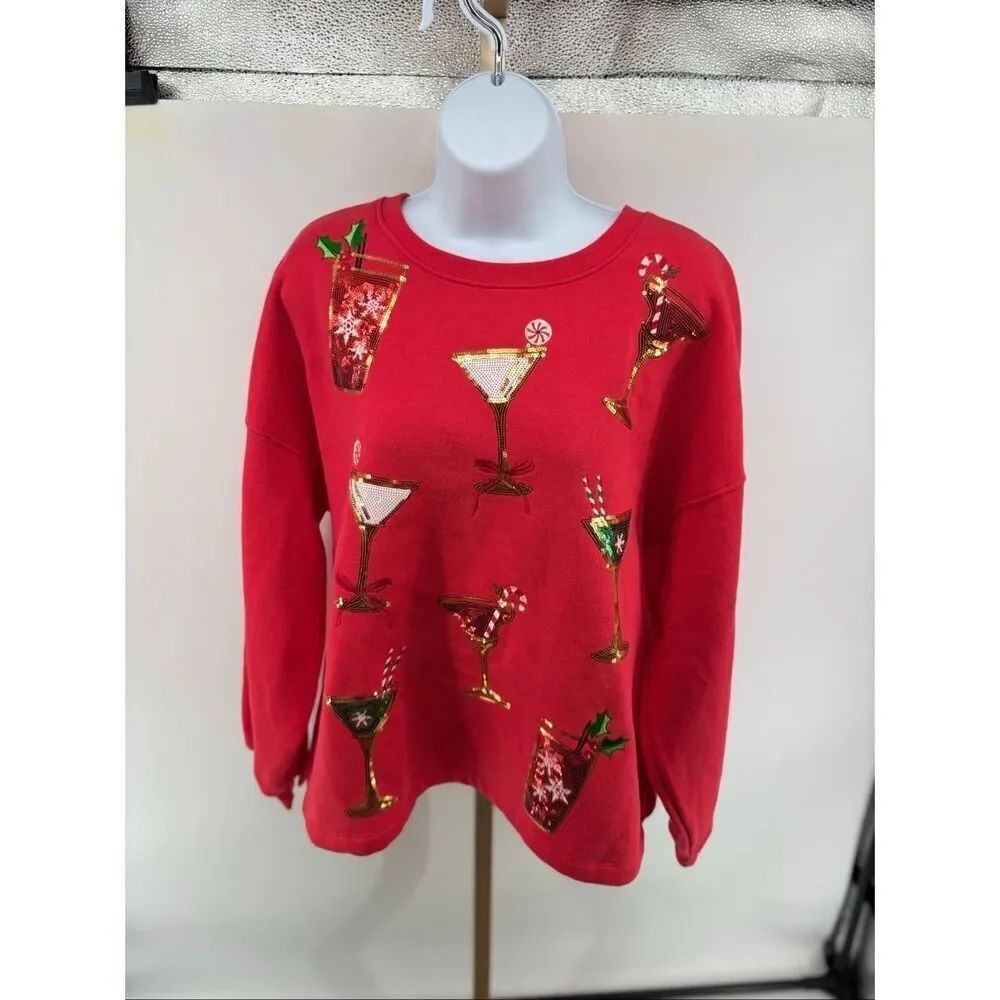 State of Mine Christmas Cocktail Sequin Sweatshirt Large Red Bling